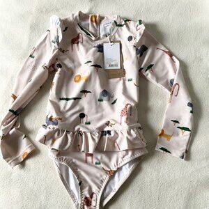 NWT liewood swim suit girl 6-7y safari animals rash Guard